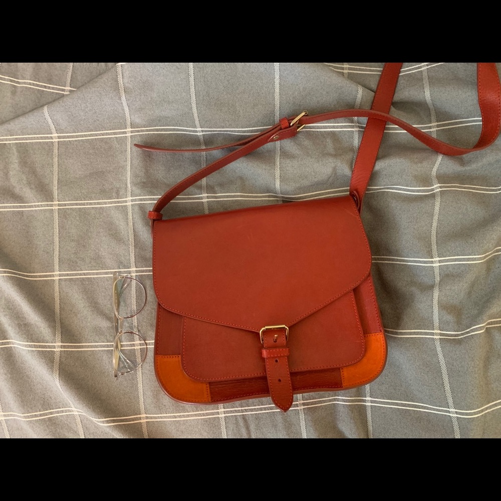 A.P.C. Messenger Bag - red leather with orange suede accents.